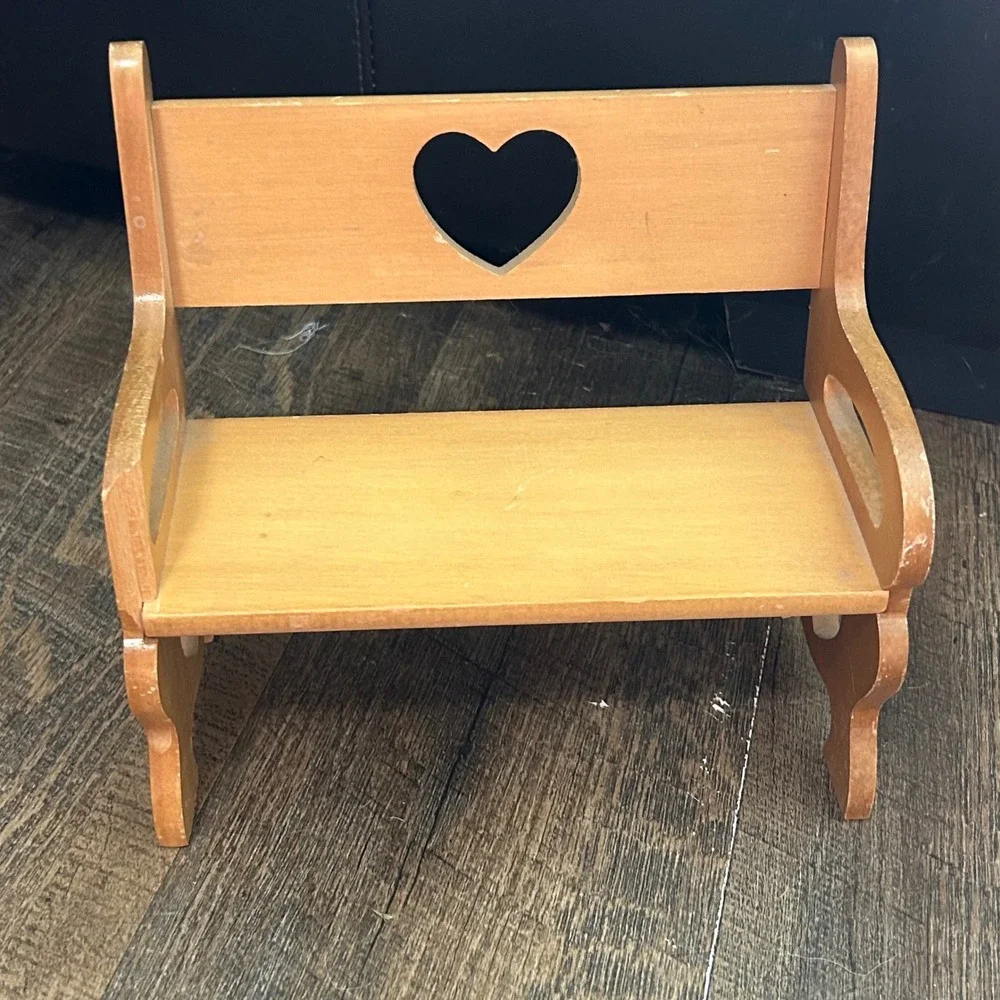 Vintage Wooden Miniature Bench Wall Shelf Heart Cutouts Honey Oak Country Decor